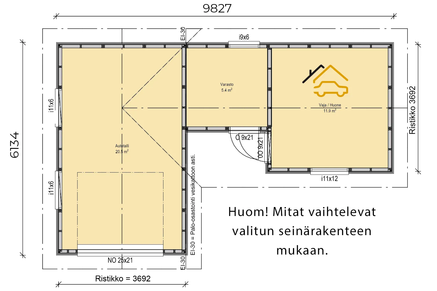 Pohjapiirros L-muotoisesta rakennuksesta, jossa on autotalli (20,5 m²), varasto (5,4 m²) ja vaja/huone (11,9 m²). Kokonaismitat ovat 9827 leveys ja 6134 korkeus. Autotallissa on suuri aukko alareunassa ja varastosta johtaa ovi (9x21) vaja/huoneeseen. Joissakin seinissä on EI-30 paloluokitus. Oikeassa alakulmassa on huomautus, että mitat vaihtelevat seinärakenteen mukaan. Pohjapiirros on vaaleankeltainen/beige mustilla ja tummanharmailla viivoilla valkoisella taustalla.